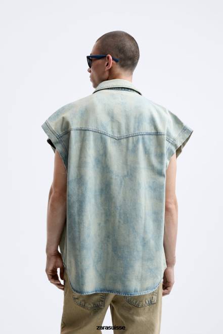 Zara vêtements P66V984 Hommes chemise en jean à imprimé abstrait bleu vert