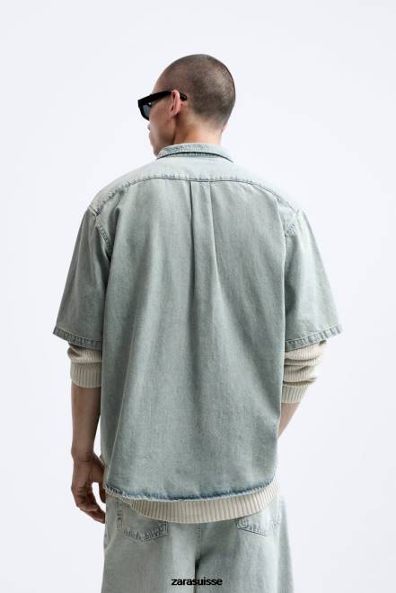 Zara vêtements P66V985 Hommes chemise en jean avec poche bleu