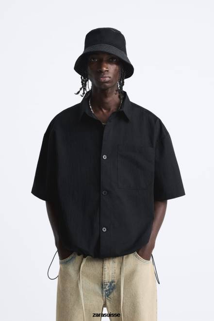 Zara vêtements P66V988 Hommes chemise à ourlet réglable noir