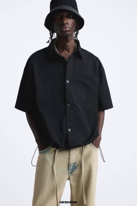Zara vêtements P66V988 Hommes chemise à ourlet réglable noir