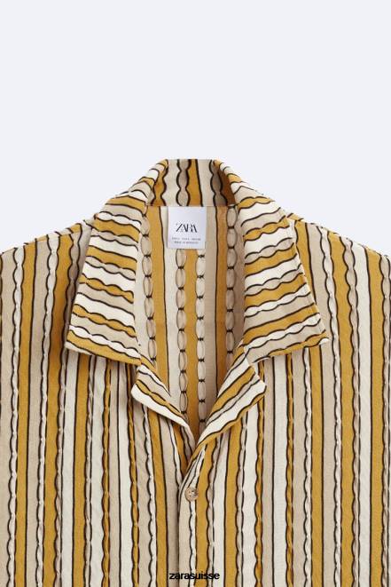 Zara vêtements P66V989 Hommes chemise en jacquard rayé écru/jaune