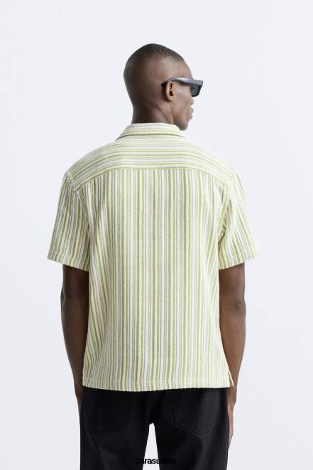 Zara vêtements P66V991 Hommes chemise en jacquard rayé vert citron