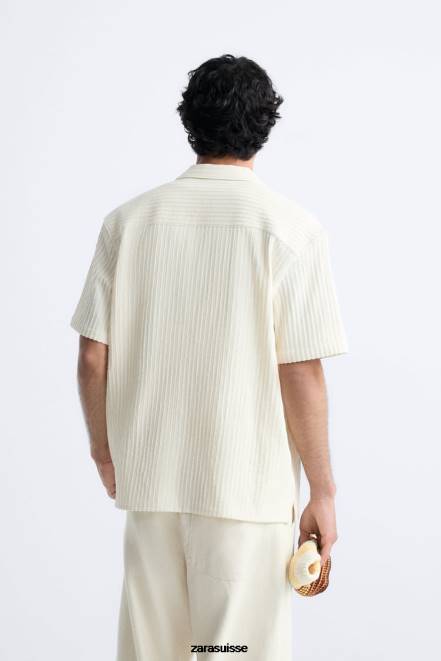 Zara vêtements P66V992 Hommes chemise en jacquard rayé écru