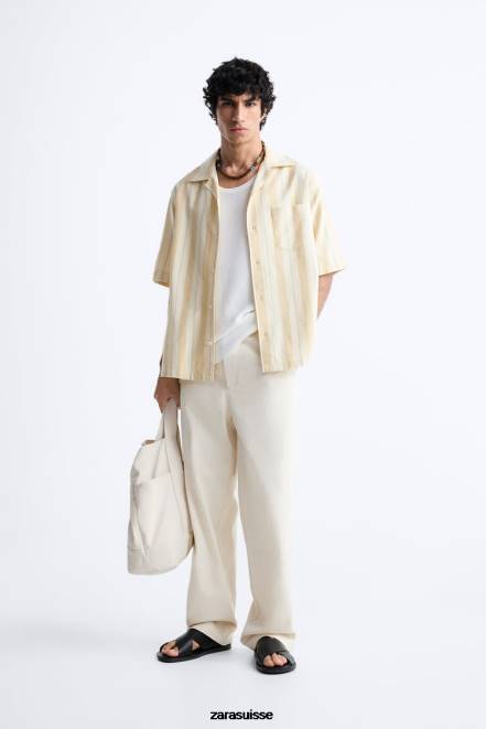 Zara vêtements P66V993 Hommes chemise en jacquard rayé jaune