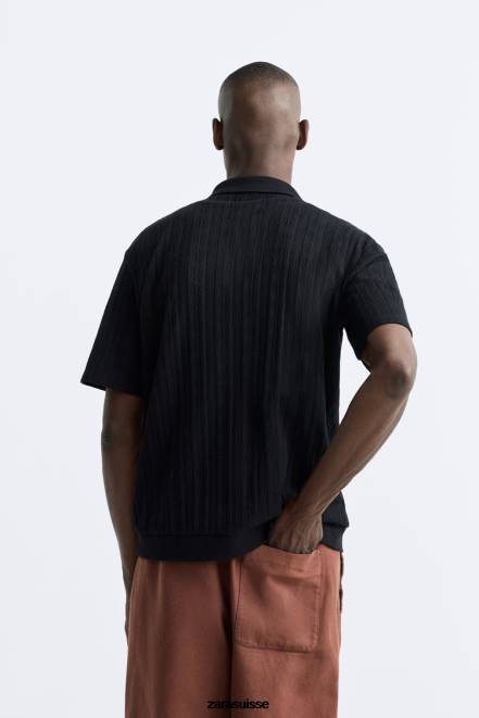 Zara vêtements P66V995 Hommes chemise texturée en pointelle noir