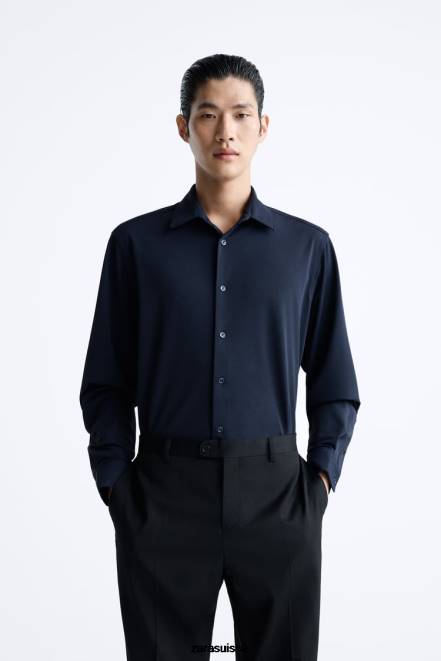 Zara vêtements P66V997 Hommes chemise extensible bleu marine