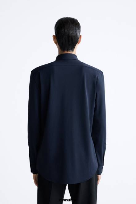 Zara vêtements P66V997 Hommes chemise extensible bleu marine