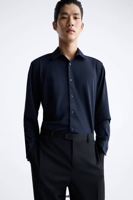 Zara vêtements P66V997 Hommes chemise extensible bleu marine