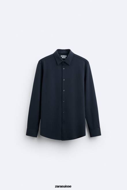 Zara vêtements P66V997 Hommes chemise extensible bleu marine