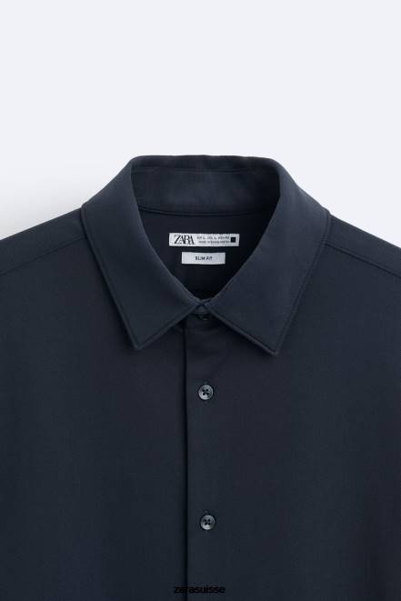 Zara vêtements P66V997 Hommes chemise extensible bleu marine