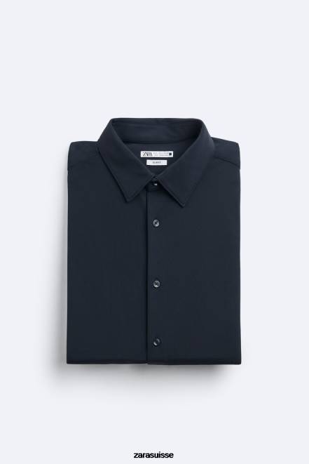 Zara vêtements P66V997 Hommes chemise extensible bleu marine