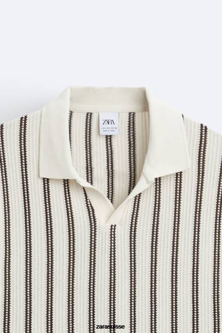 Zara vêtements P66V1219 Hommes polo à rayures texturées écru