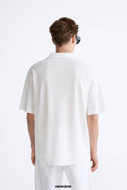 Zara vêtements P66V1221 Hommes polo en lin et coton mélangé blanc d'huître