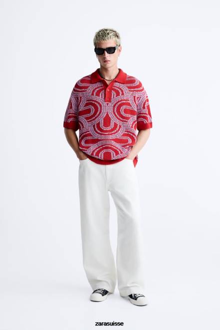 Zara vêtements P66V1224 Hommes polo en maille jacquard vague rouge