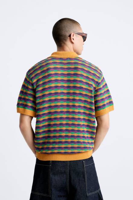 Zara vêtements P66V1226 Hommes polo en maille texturée géométrique bleu marine