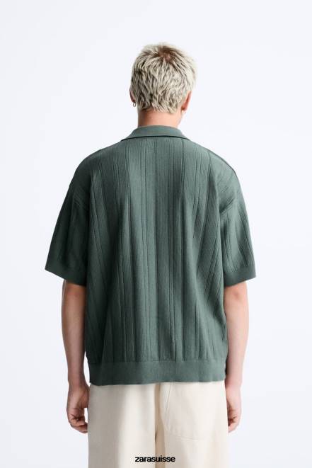 Zara vêtements P66V1227 Hommes polo en maille texturée côtelée vert moyen