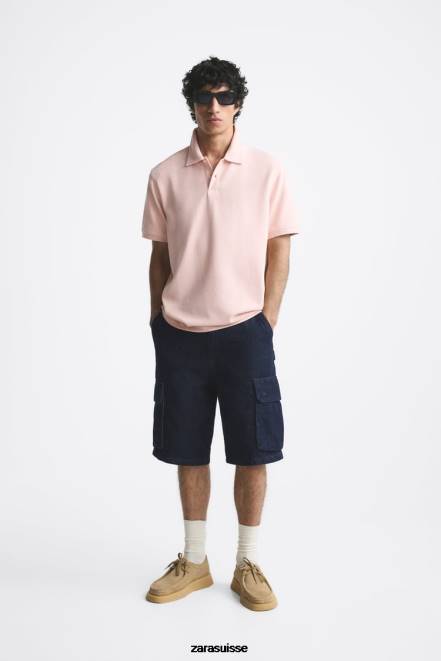 Zara vêtements P66V1229 Hommes polo texturé rose fané