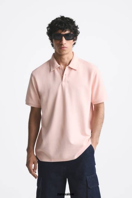 Zara vêtements P66V1229 Hommes polo texturé rose fané