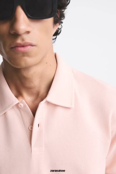 Zara vêtements P66V1229 Hommes polo texturé rose fané