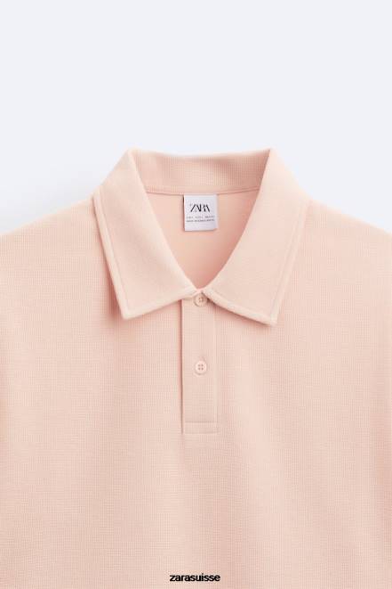 Zara vêtements P66V1229 Hommes polo texturé rose fané