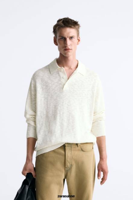 Zara vêtements P66V1230 Hommes polo en maille texturée écru