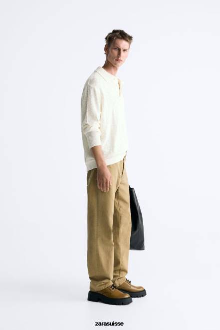 Zara vêtements P66V1230 Hommes polo en maille texturée écru