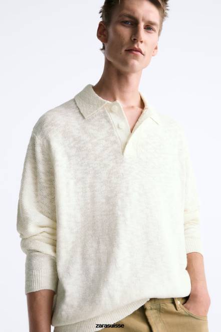 Zara vêtements P66V1230 Hommes polo en maille texturée écru