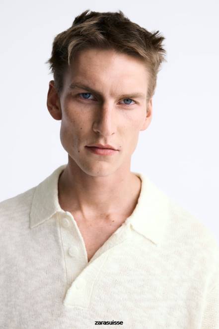 Zara vêtements P66V1230 Hommes polo en maille texturée écru
