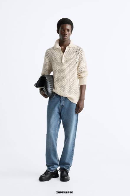 Zara vêtements P66V1234 Hommes polo en maille crochetée texturée écru