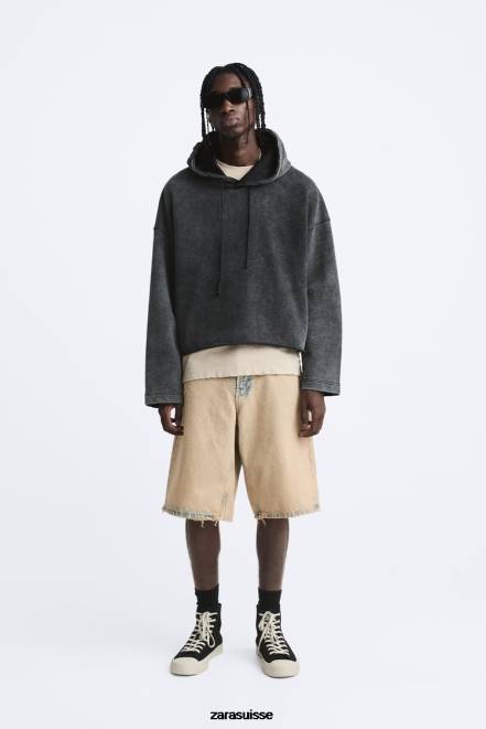 Zara vêtements P66V1051 Hommes sweat à capuche coupe boxy gris foncé