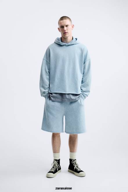 Zara vêtements P66V1054 Hommes sweat à capuche délavé bleu blanc