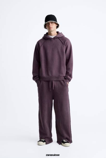 Zara vêtements P66V1055 Hommes sweat délavé déchiré bordeaux