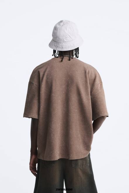 Zara vêtements P66V1056 Hommes sweat-shirt délavé à texte imprimé brun