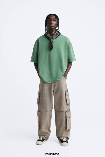 Zara vêtements P66V1057 Hommes sweat à texte contrasté vert