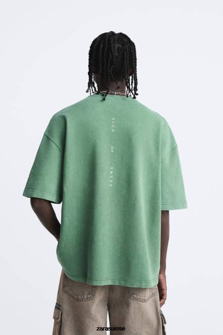 Zara vêtements P66V1057 Hommes sweat à texte contrasté vert