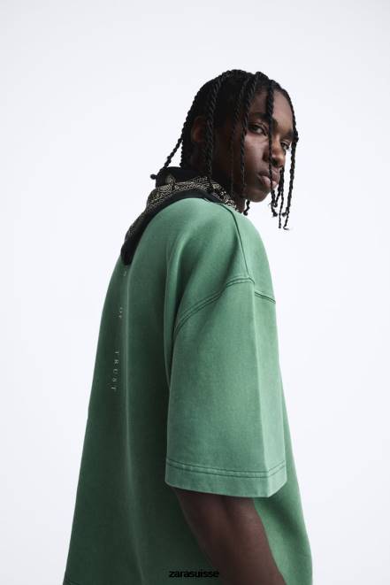 Zara vêtements P66V1057 Hommes sweat à texte contrasté vert