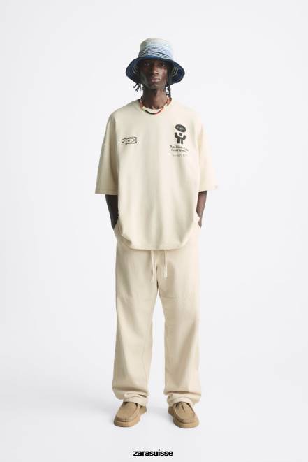 Zara vêtements P66V1074 Hommes sweat à texte imprimé écru