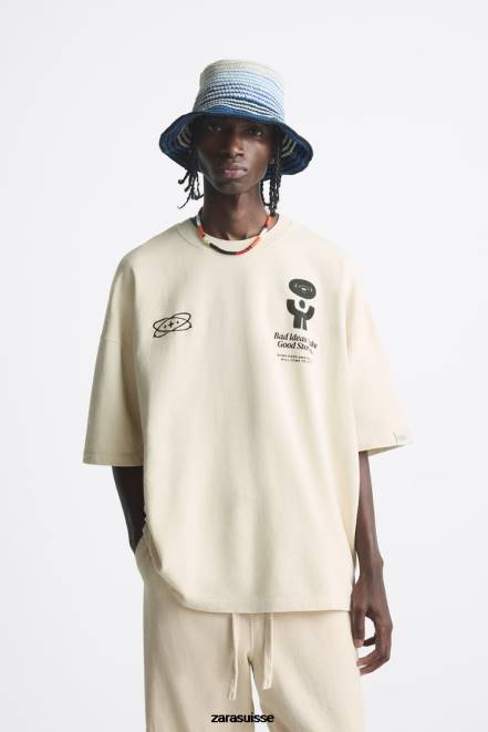 Zara vêtements P66V1074 Hommes sweat à texte imprimé écru