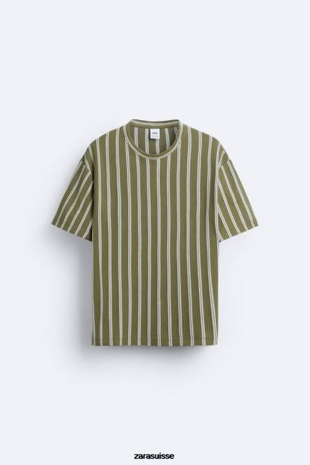Zara vêtements P66V1193 Hommes t-shirt texturé à rayures kaki