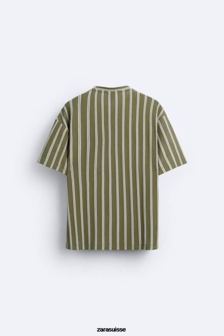 Zara vêtements P66V1193 Hommes t-shirt texturé à rayures kaki
