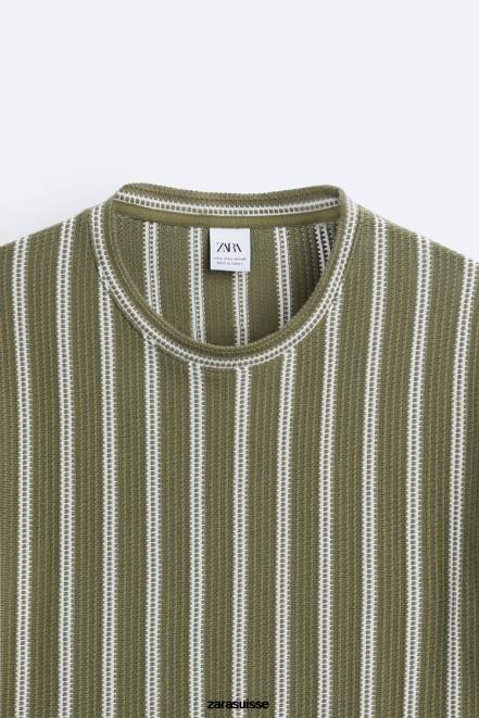 Zara vêtements P66V1193 Hommes t-shirt texturé à rayures kaki