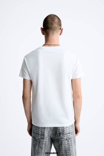 Zara vêtements P66V1204 Hommes t-shirt super slim imprimé contrastant blanc