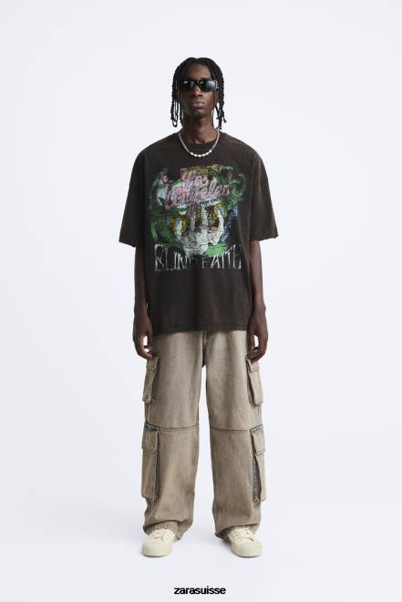 Zara vêtements P66V1206 Hommes t-shirt imprimé délavé brun