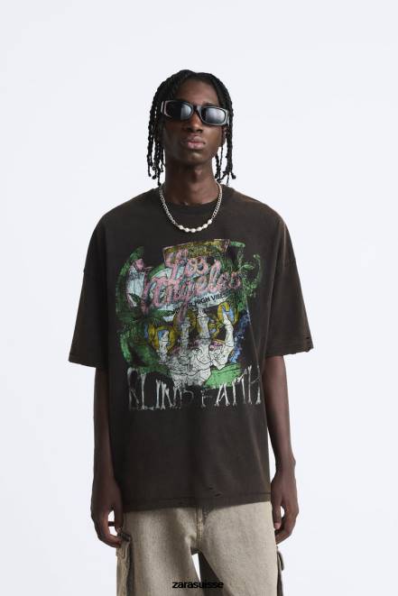 Zara vêtements P66V1206 Hommes t-shirt imprimé délavé brun
