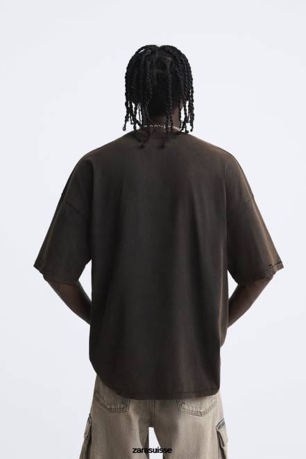 Zara vêtements P66V1206 Hommes t-shirt imprimé délavé brun