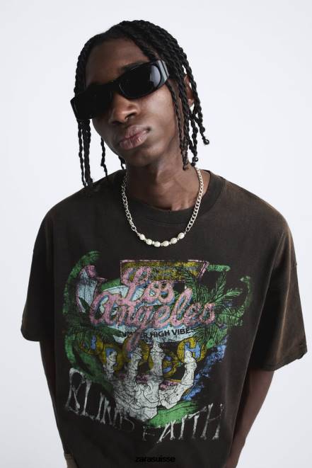 Zara vêtements P66V1206 Hommes t-shirt imprimé délavé brun