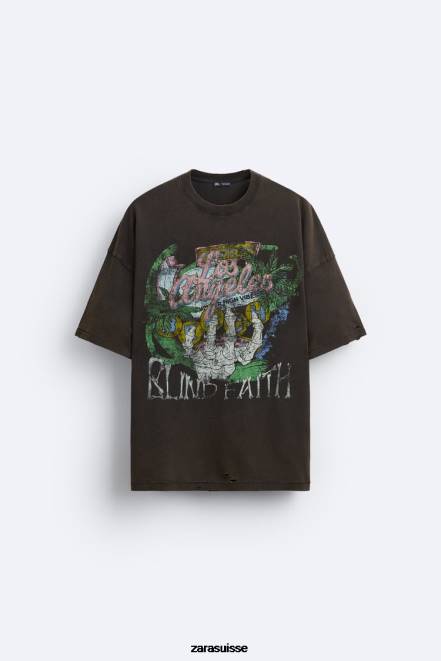 Zara vêtements P66V1206 Hommes t-shirt imprimé délavé brun