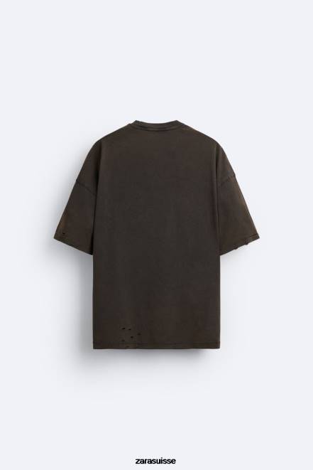 Zara vêtements P66V1206 Hommes t-shirt imprimé délavé brun