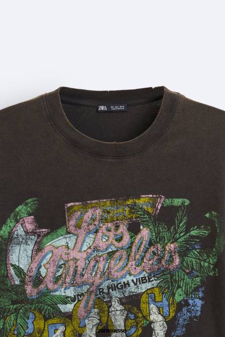 Zara vêtements P66V1206 Hommes t-shirt imprimé délavé brun
