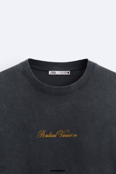 Zara vêtements P66V1208 Hommes t-shirt à texte imprimé gris anthracite